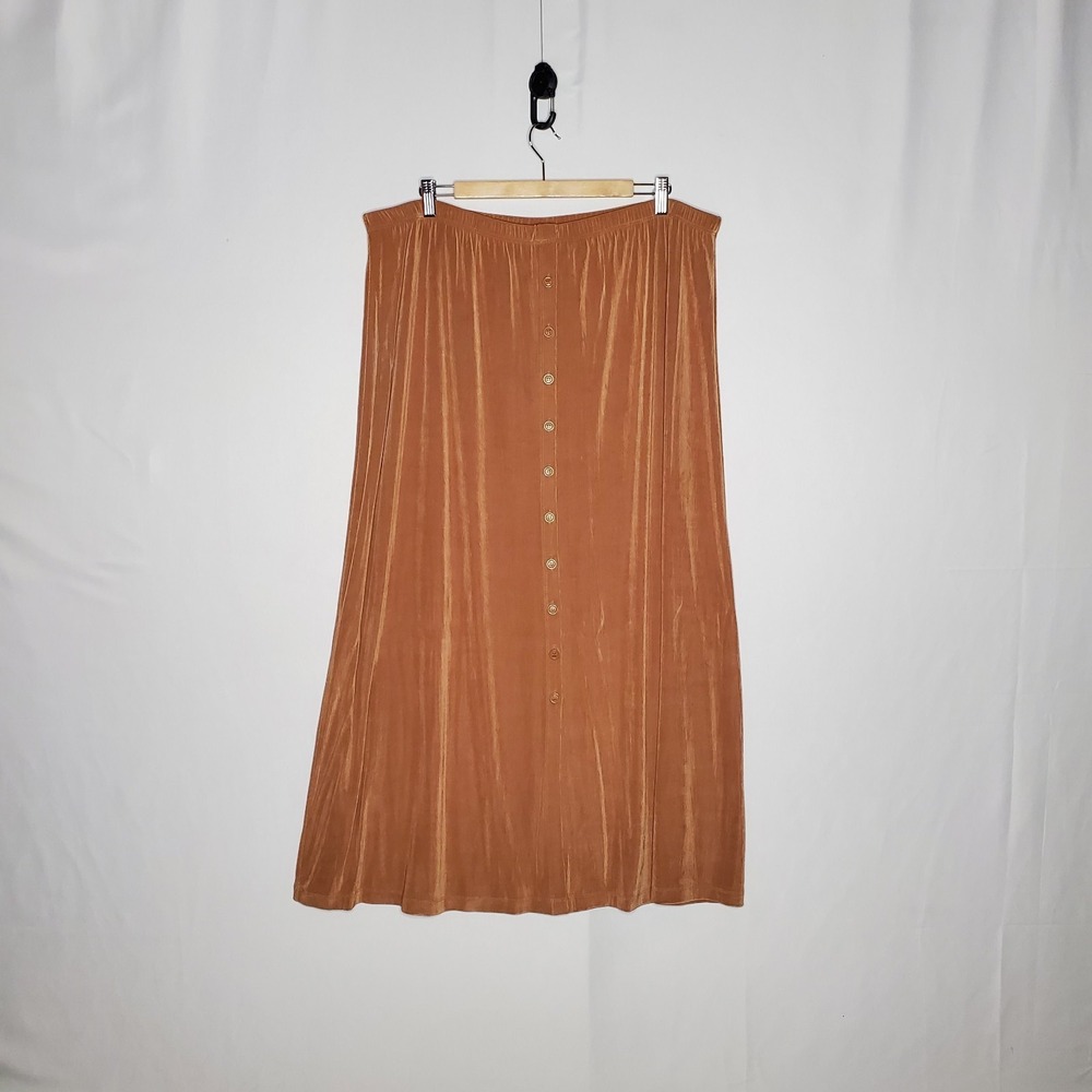 Slinky Brand Full Button Front Maxi Skirt 3X Gold Stretch A-Line Travel